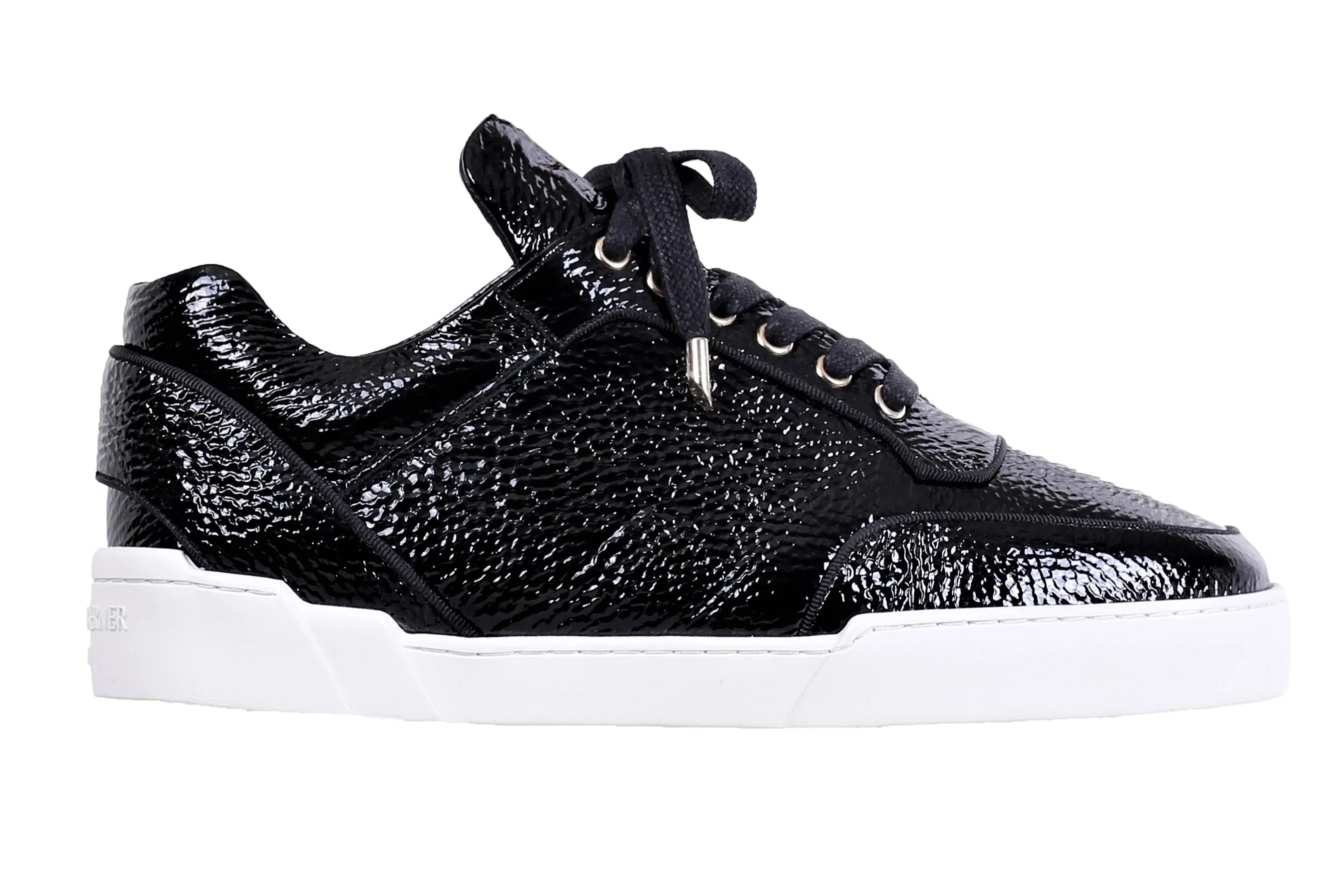 Low-Top Black Patent Calfskin Sneakers with White Sole