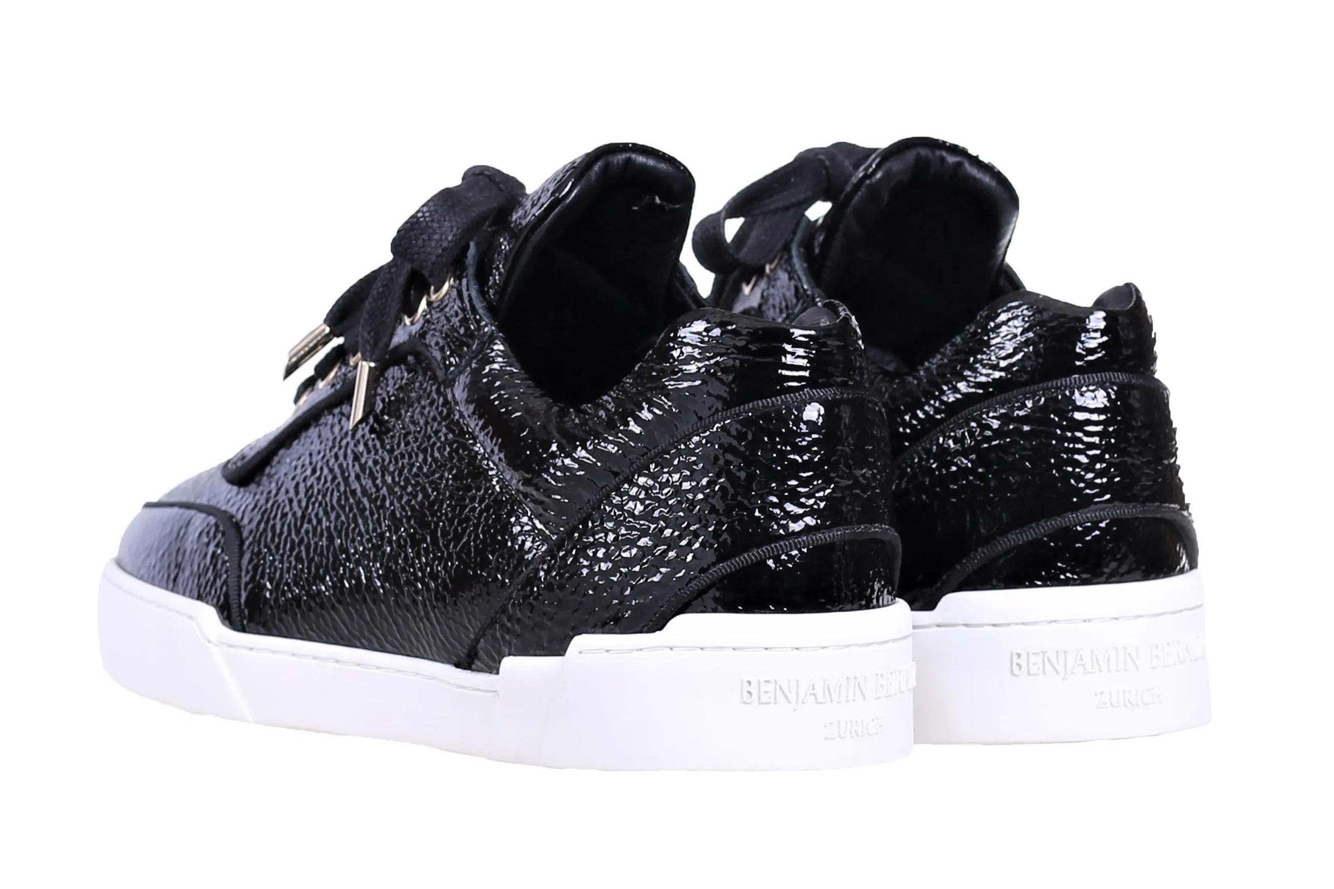 Low-Top Black Patent Calfskin Sneakers with White Sole