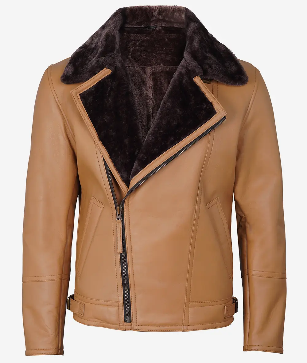 Men's Camel Brown Shearling Leather Moto Jacket - Asymmetrical Shearling Lining