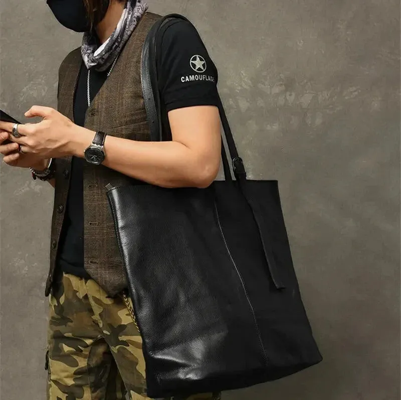 Men's Genuine Leather Large Capacity Casual Tote Shoulder Handbag