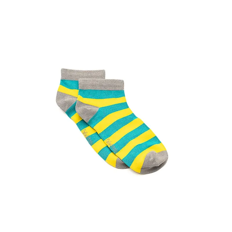 Polly and Andy green and yellow stripe ankle socks, seamless and made from bamboo