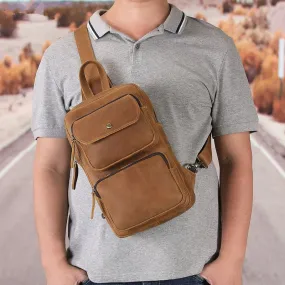 Retro Leather Men Crazy Horse Leather Casual Large Capacity Cowhide Shoulder Messenger Chestbag