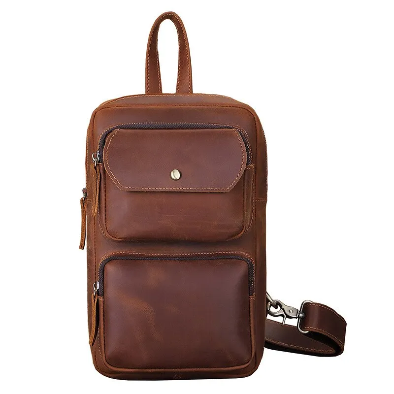 Retro Leather Men Crazy Horse Leather Casual Large Capacity Cowhide Shoulder Messenger Chestbag