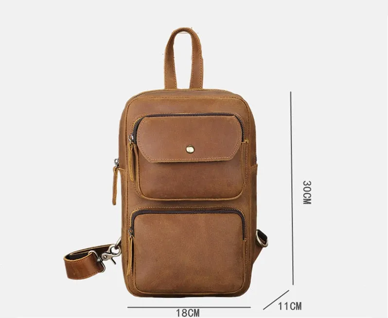 Retro Leather Men Crazy Horse Leather Casual Large Capacity Cowhide Shoulder Messenger Chestbag