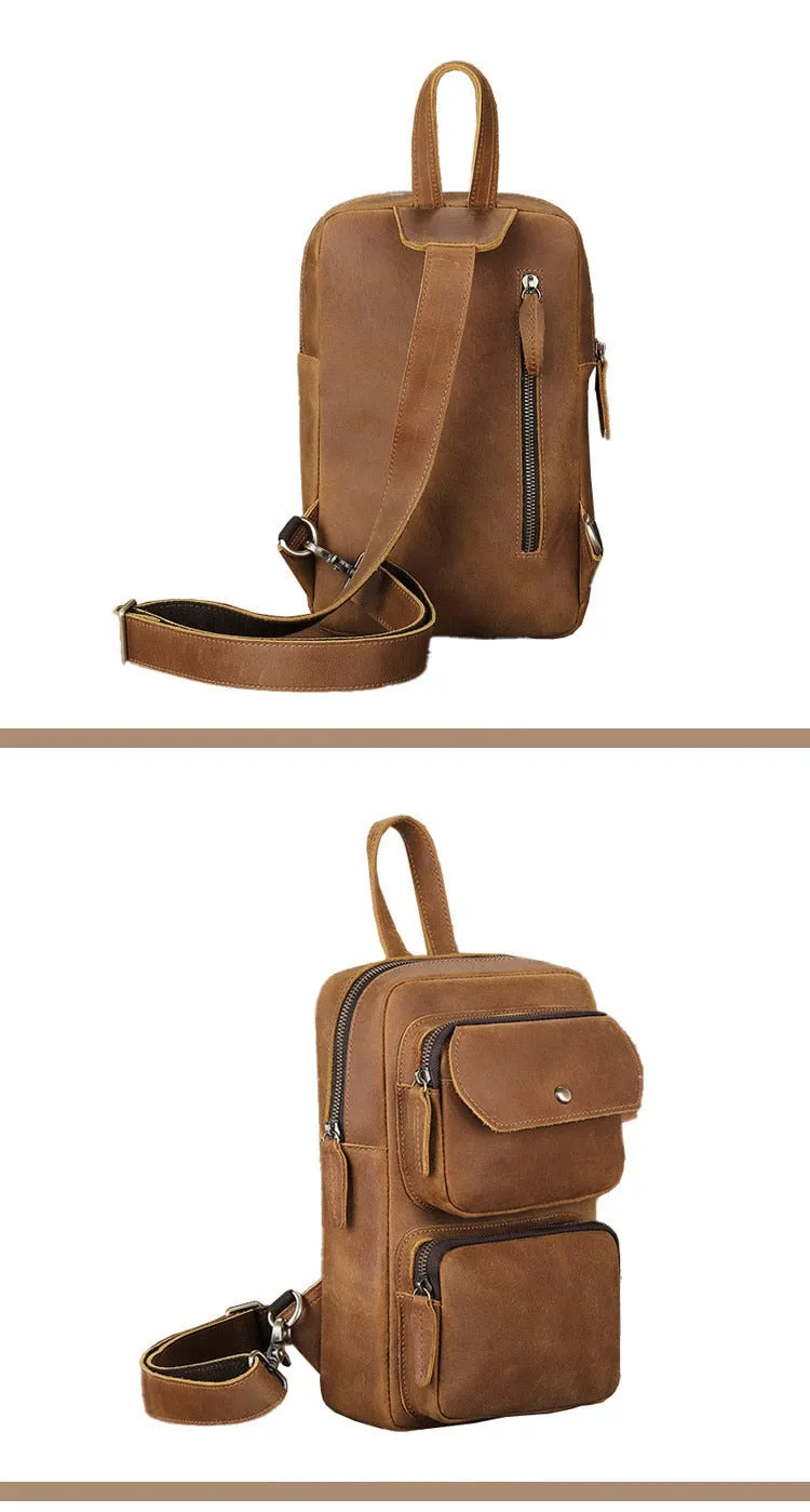 Retro Leather Men Crazy Horse Leather Casual Large Capacity Cowhide Shoulder Messenger Chestbag