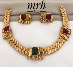 Ruby Green Elephant Design Necklace Set for Women in Matt Gold Finish - PAL001ENRG