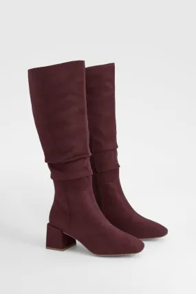 Ruched Slouch Block Heel Knee High Boots