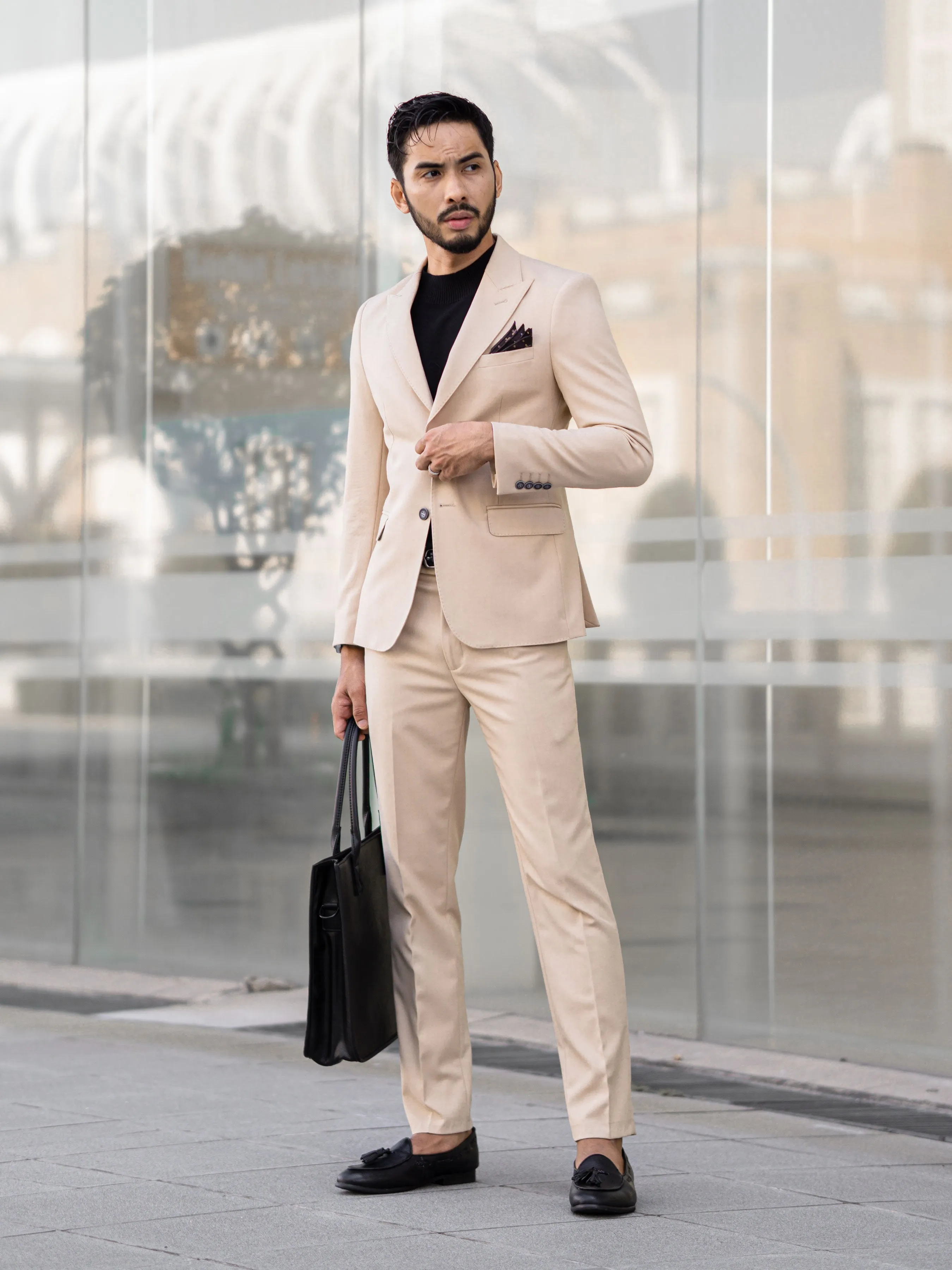 Single Breasted Suit Blazer - Beige Plain (Peak Lapel)