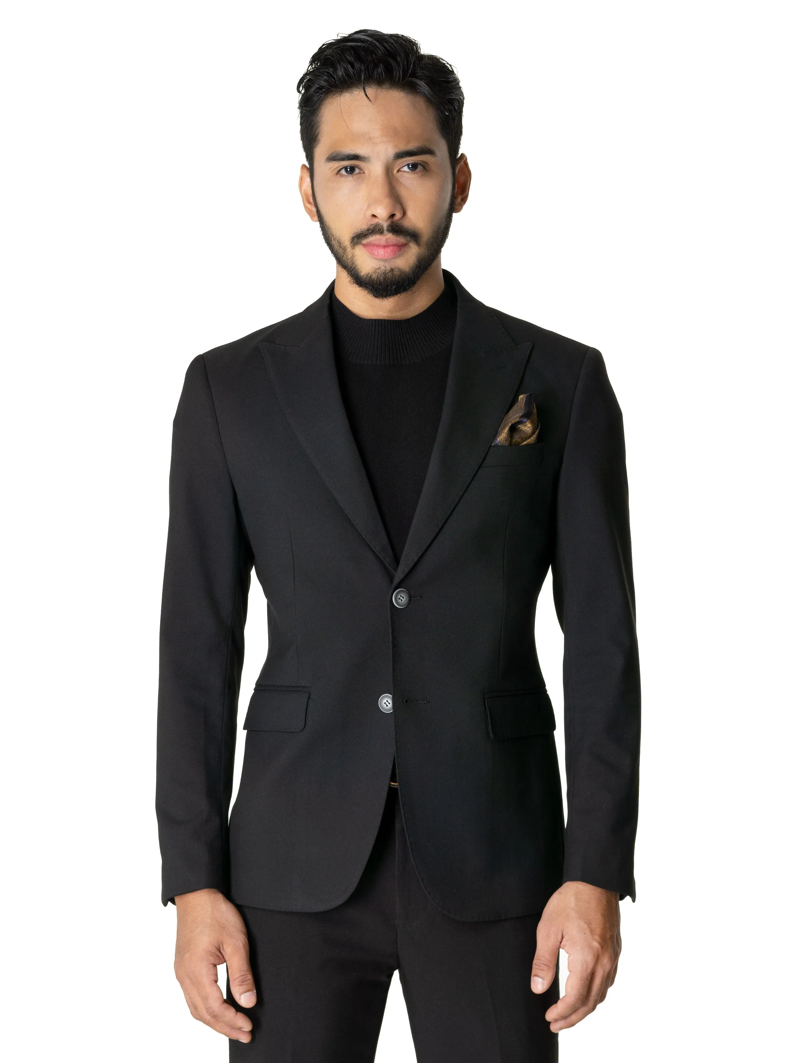 Single Breasted Suit Blazer - Deep Black Plain (Peak Lapel)