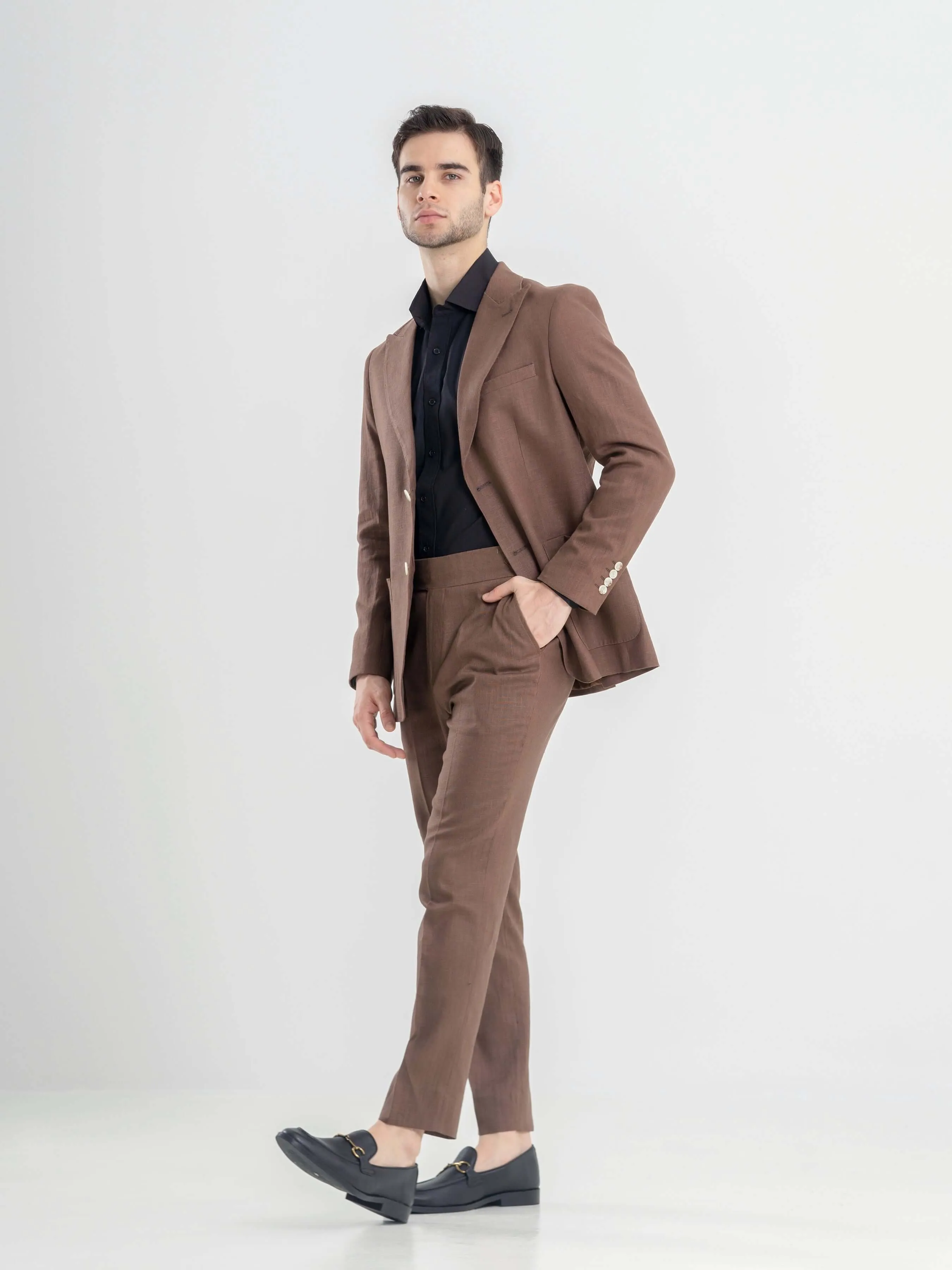 Single Breasted Suit Blazer - Linen Coffee Plain (Peak Lapel)