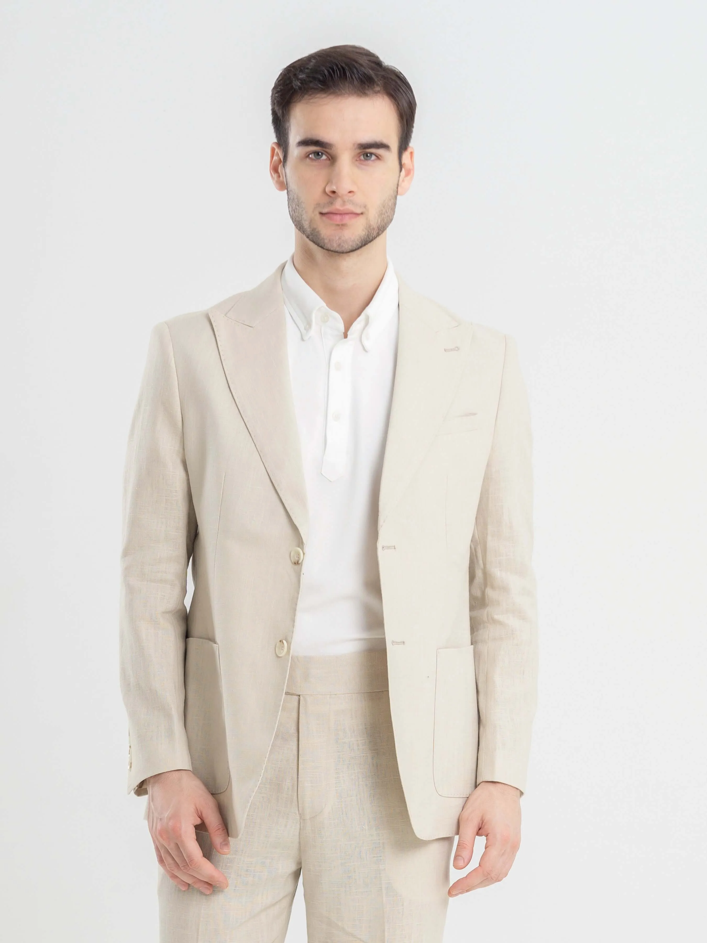 Single Breasted Suit Blazer - Linen Cream Plain (Peak Lapel)