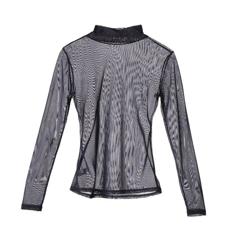 Slim High Neck Sheer Mesh Top - Long Sleeve Fishnet