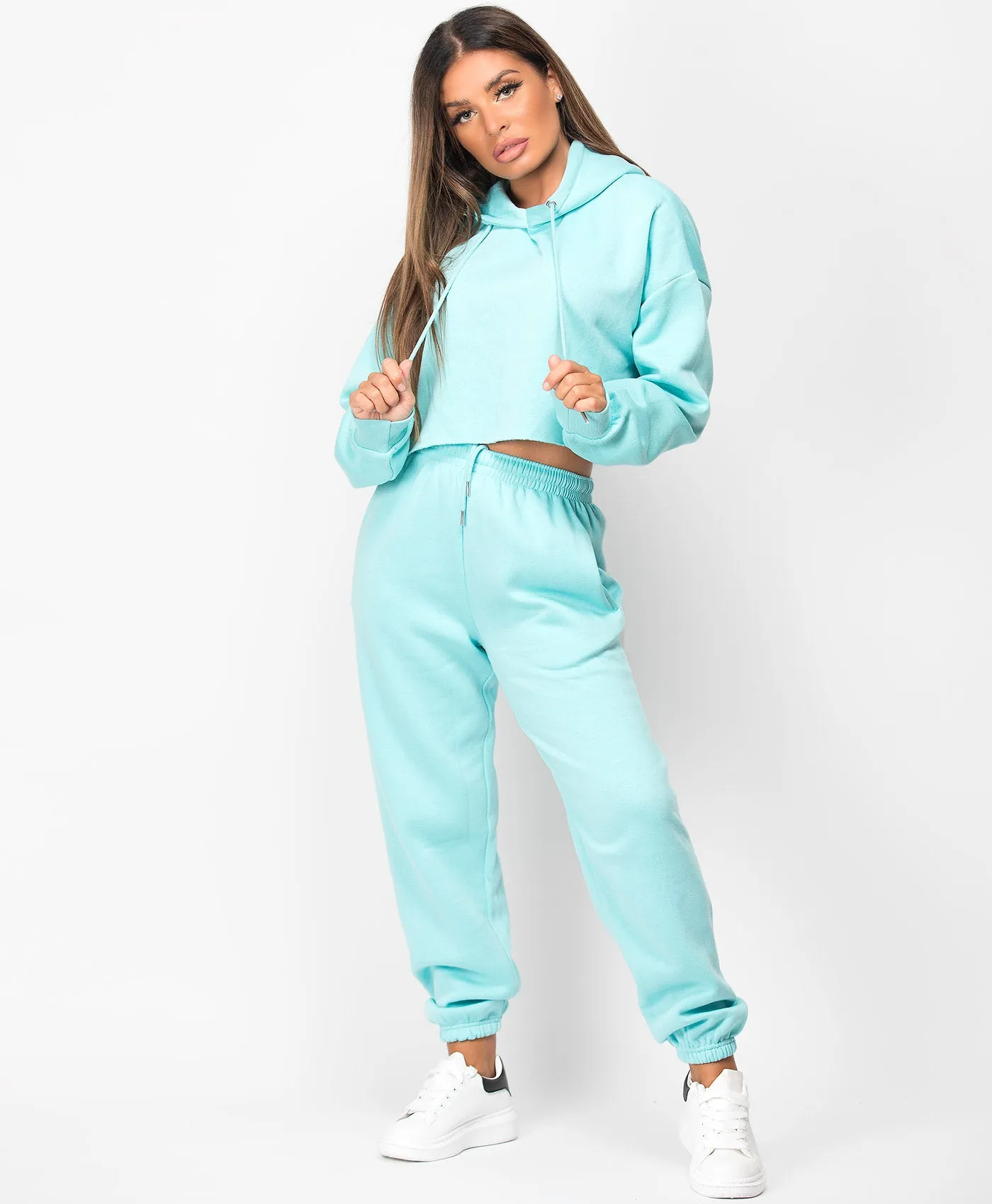 Turquoise Oversized Cropped Hoodie & Joggers Loungewear Set