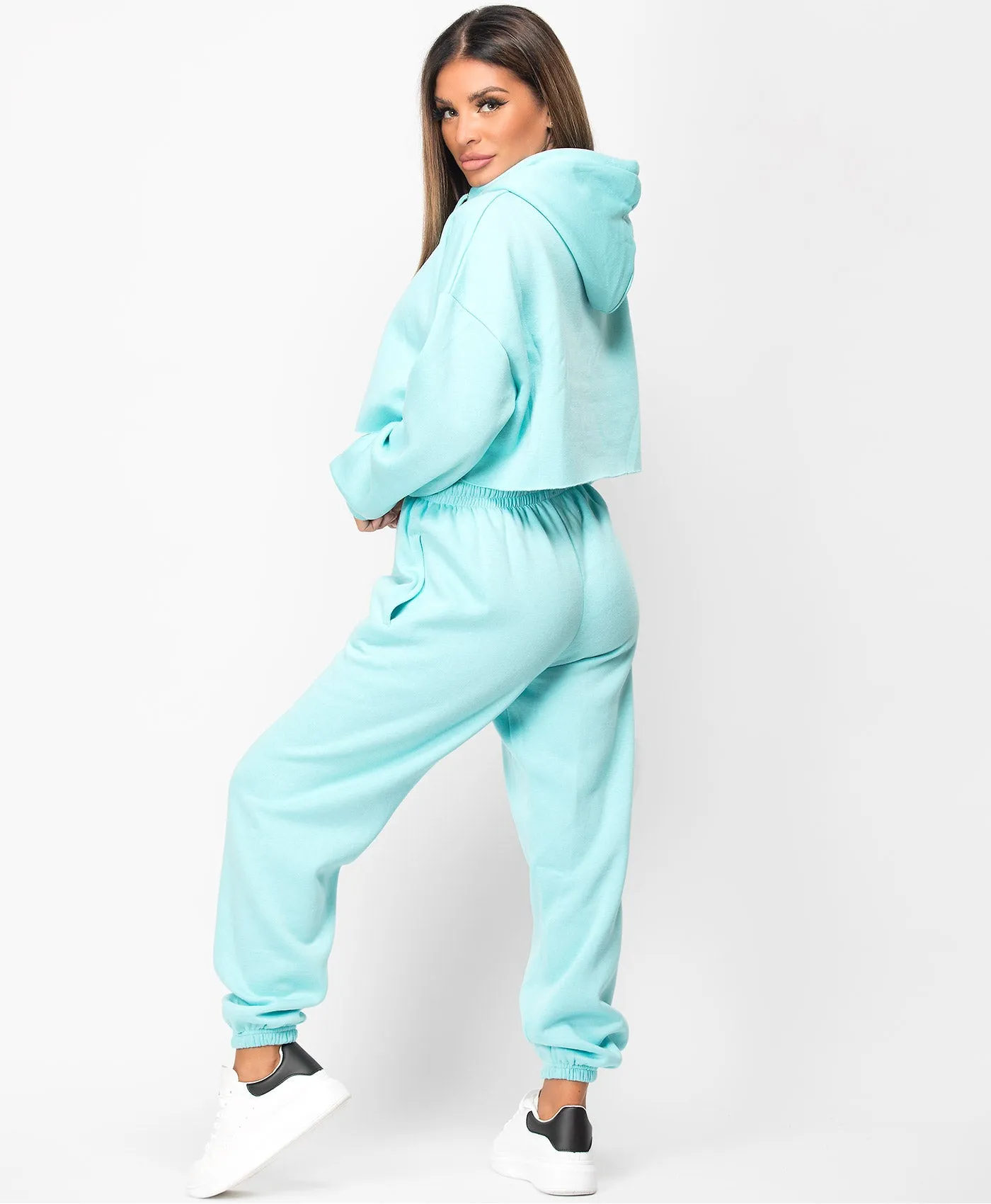 Turquoise Oversized Cropped Hoodie & Joggers Loungewear Set