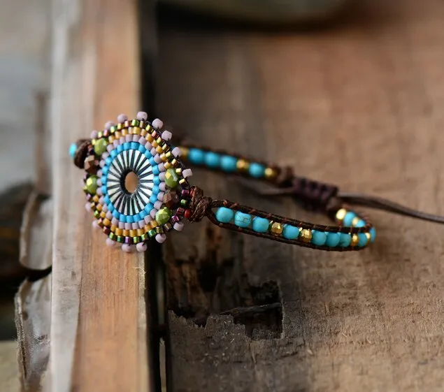 Turquoise Wrap Bracelet with Evil Eye Seed Beads and Natural Stones