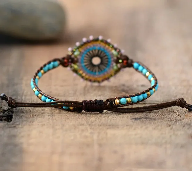 Turquoise Wrap Bracelet with Evil Eye Seed Beads and Natural Stones