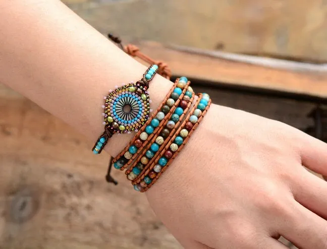 Turquoise Wrap Bracelet with Evil Eye Seed Beads and Natural Stones