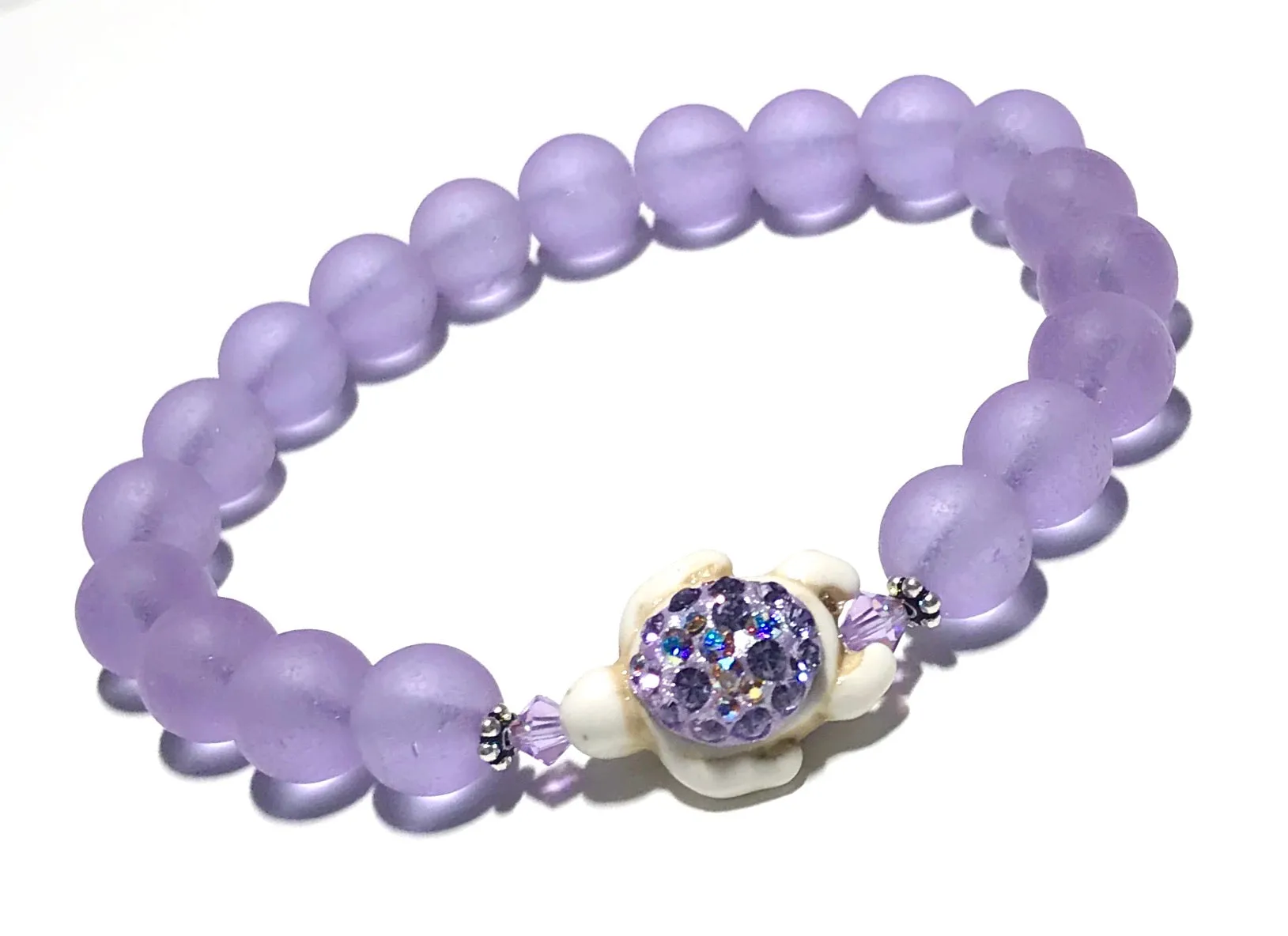 Turtle Bracelet | Matte Glass | Stretch | Violet | Crystal Accents