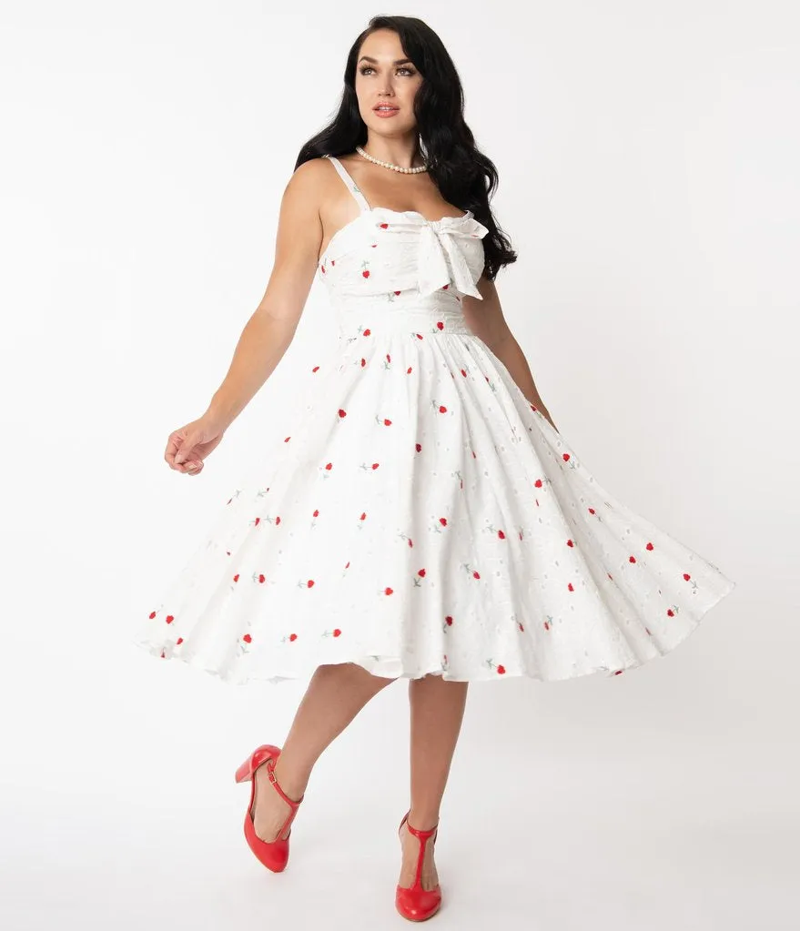 Unique Vintage Eyelet Swing Dress Red Roses (Size L)