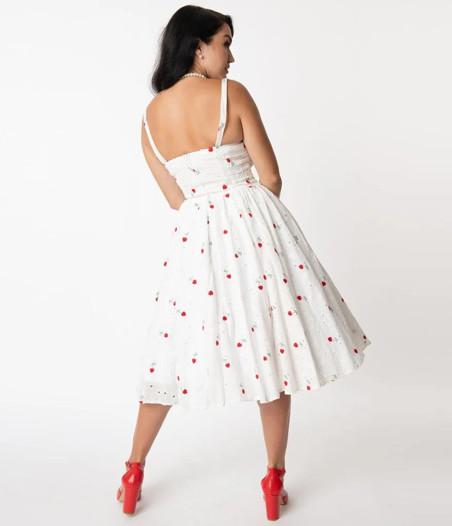 Unique Vintage Eyelet Swing Dress Red Roses (Size L)