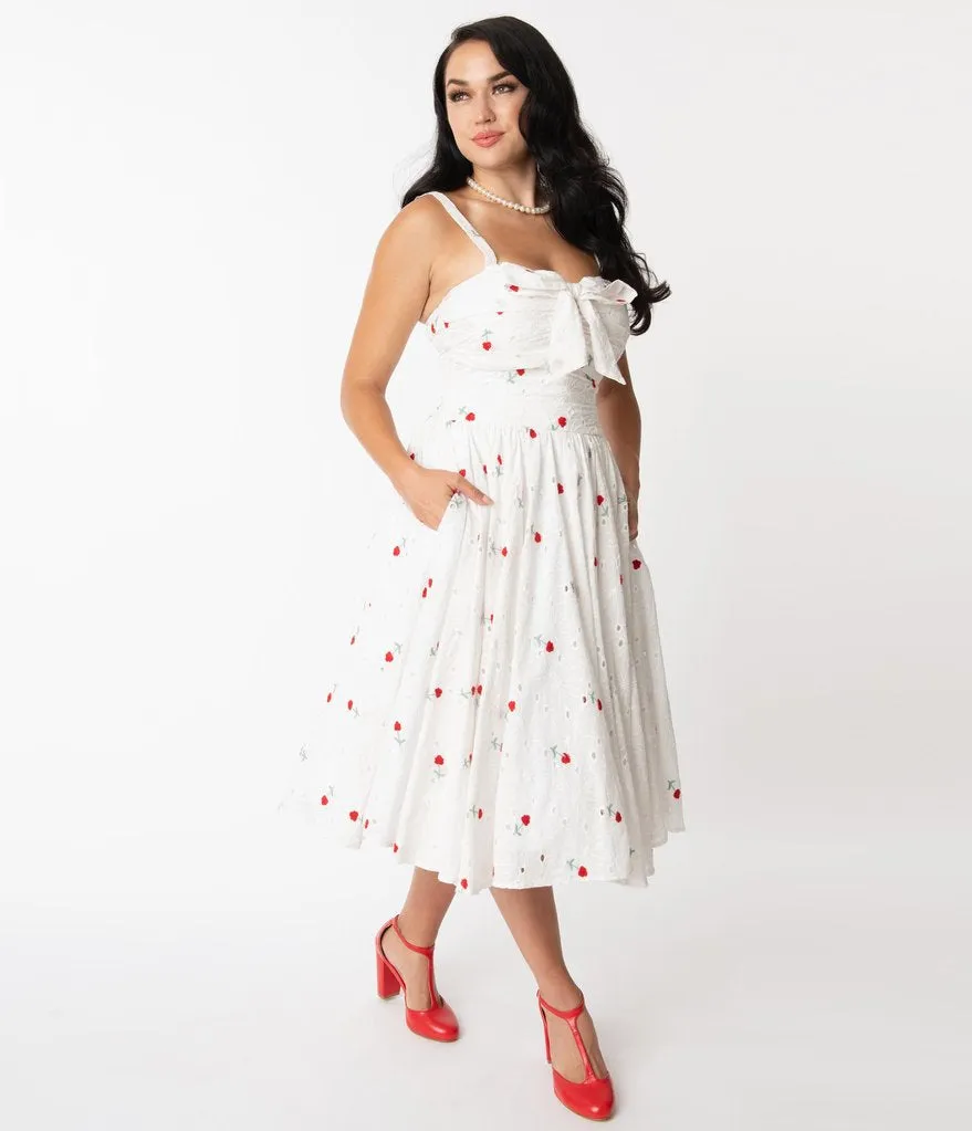 Unique Vintage Eyelet Swing Dress Red Roses (Size L)