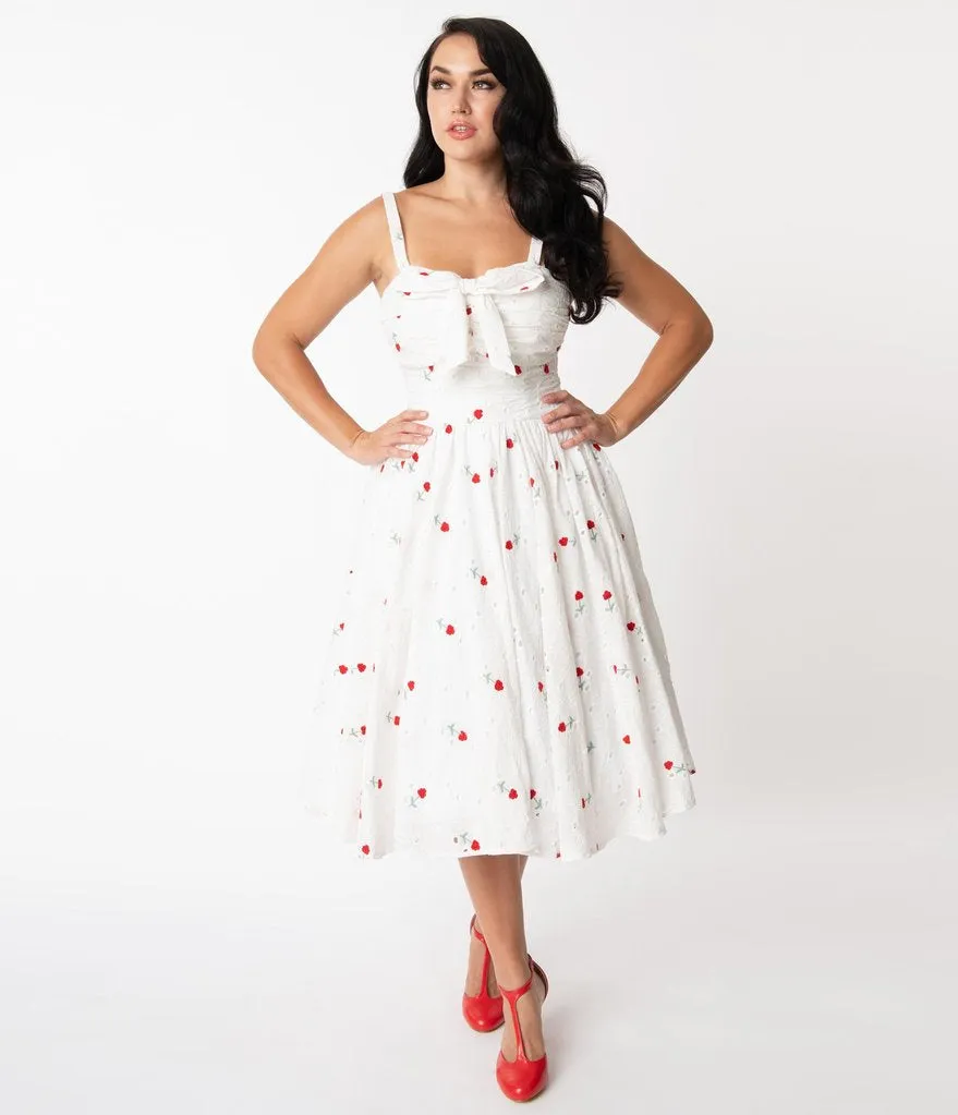 Unique Vintage Eyelet Swing Dress Red Roses (Size L)