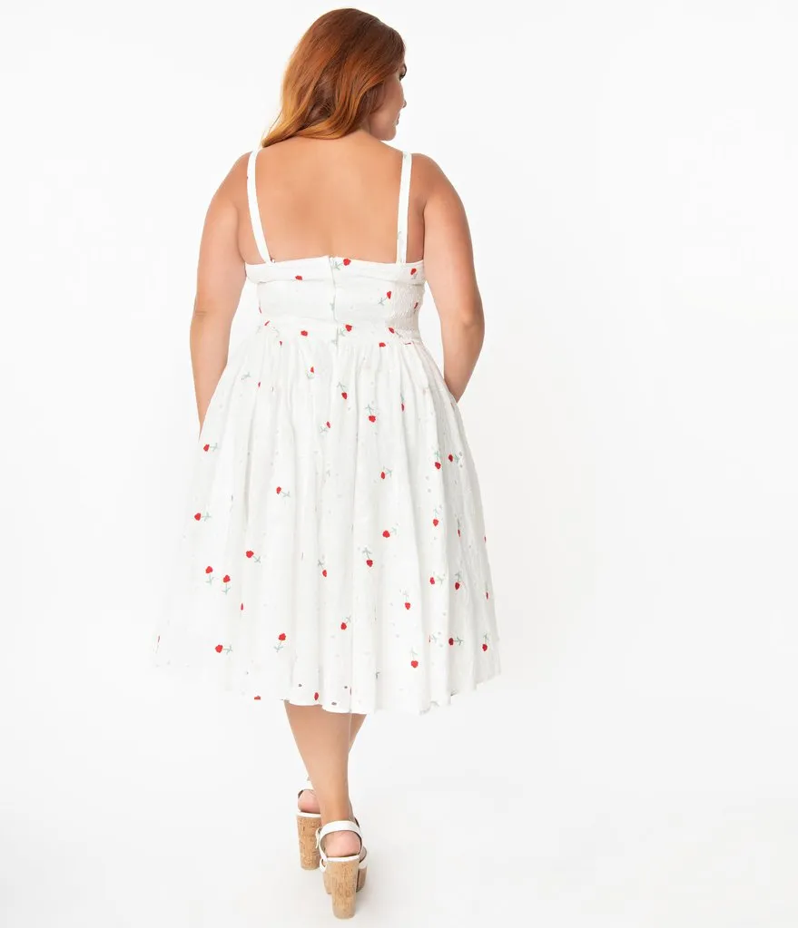 Unique Vintage Eyelet Swing Dress Red Roses (Size L)