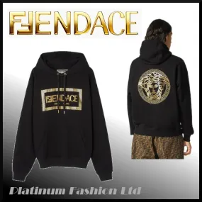 VERSACE Unisex Street Style Long Sleeves Hoodies with Plain Logo for Luxury Fashion