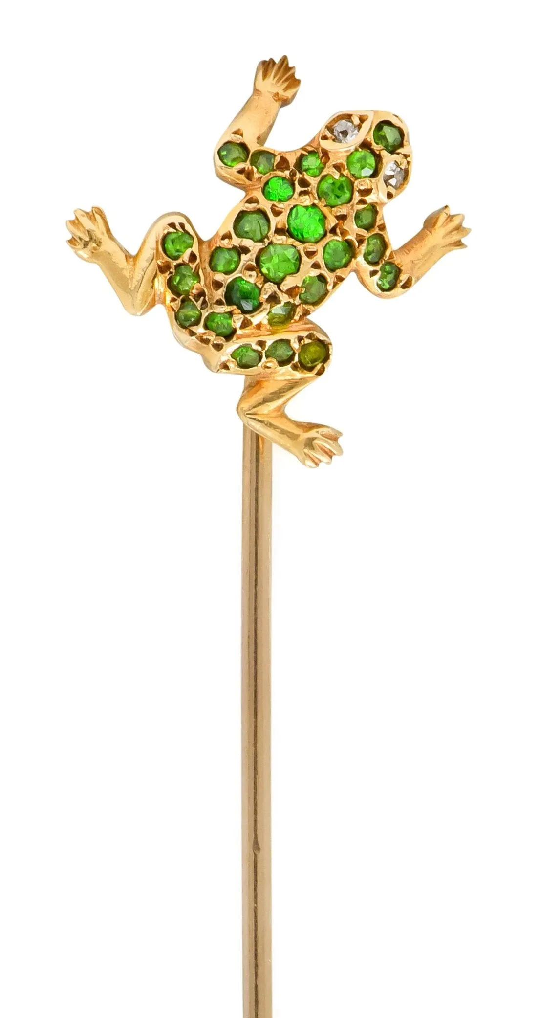 Victorian Demantoid Garnet Diamond 14 Karat Gold Frog Sitckpin