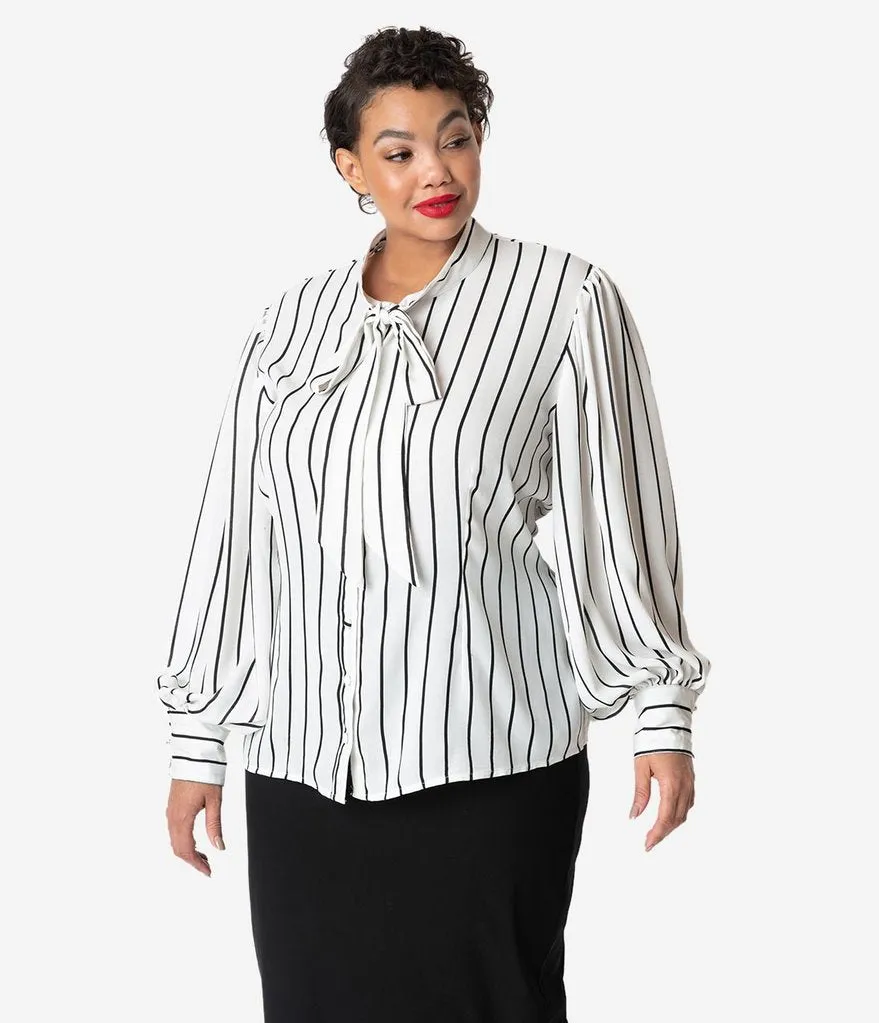 Vintage White Black Stripe Neck Tie Gwen Blouse