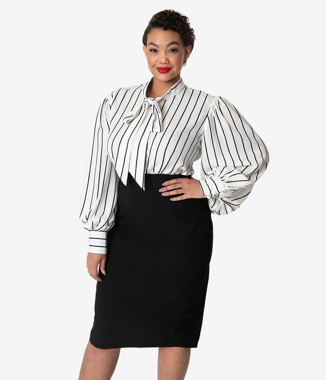 Vintage White Black Stripe Neck Tie Gwen Blouse