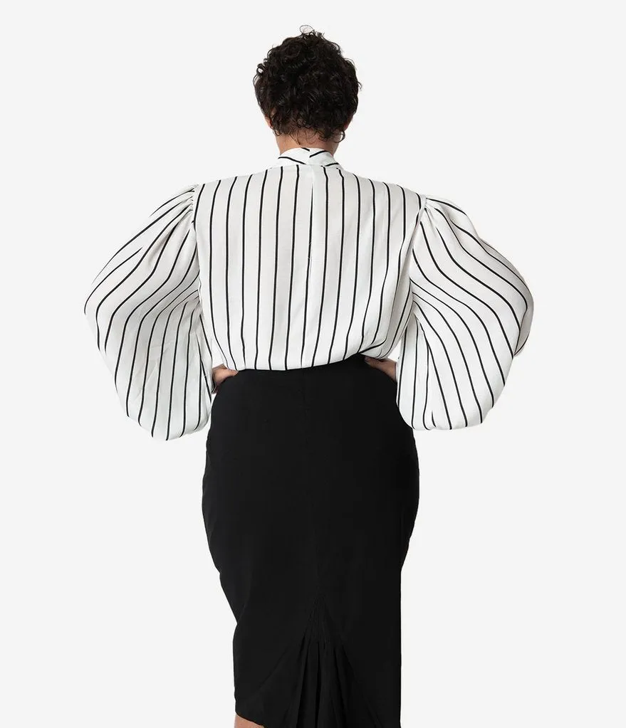 Vintage White Black Stripe Neck Tie Gwen Blouse