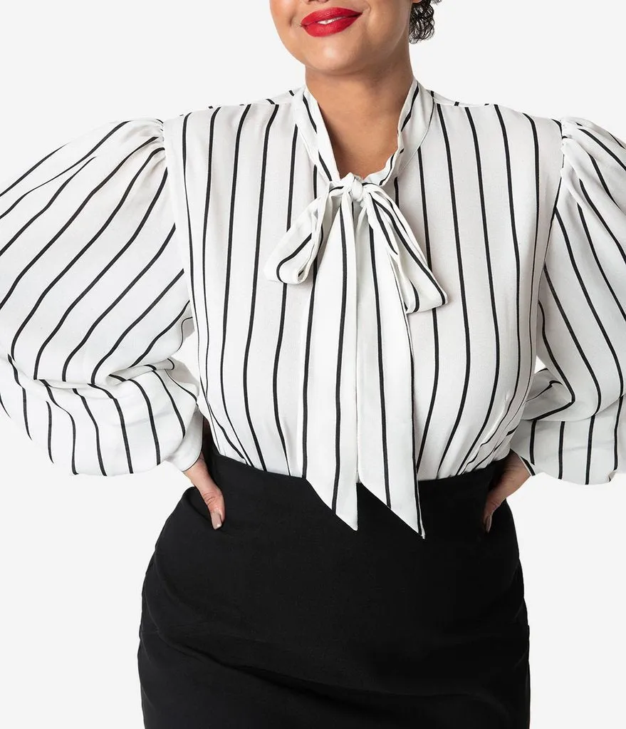 Vintage White Black Stripe Neck Tie Gwen Blouse