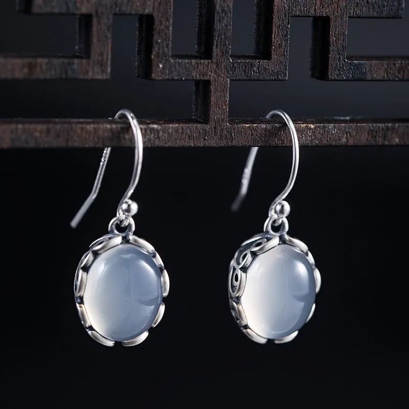 Vintage White Drop Earrings, Chalcedony