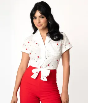 Vintage White Eyelet and Red Floral Shirley Crop Top - Sizes M and L Available.