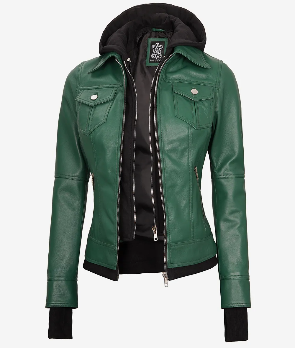 Womens Green Bomber Leather Jacket with Removable Hood