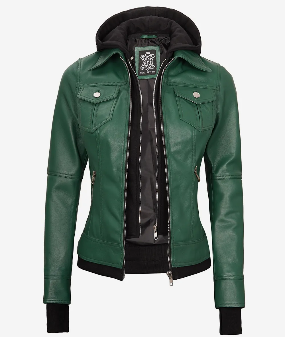 Womens Green Bomber Leather Jacket with Removable Hood