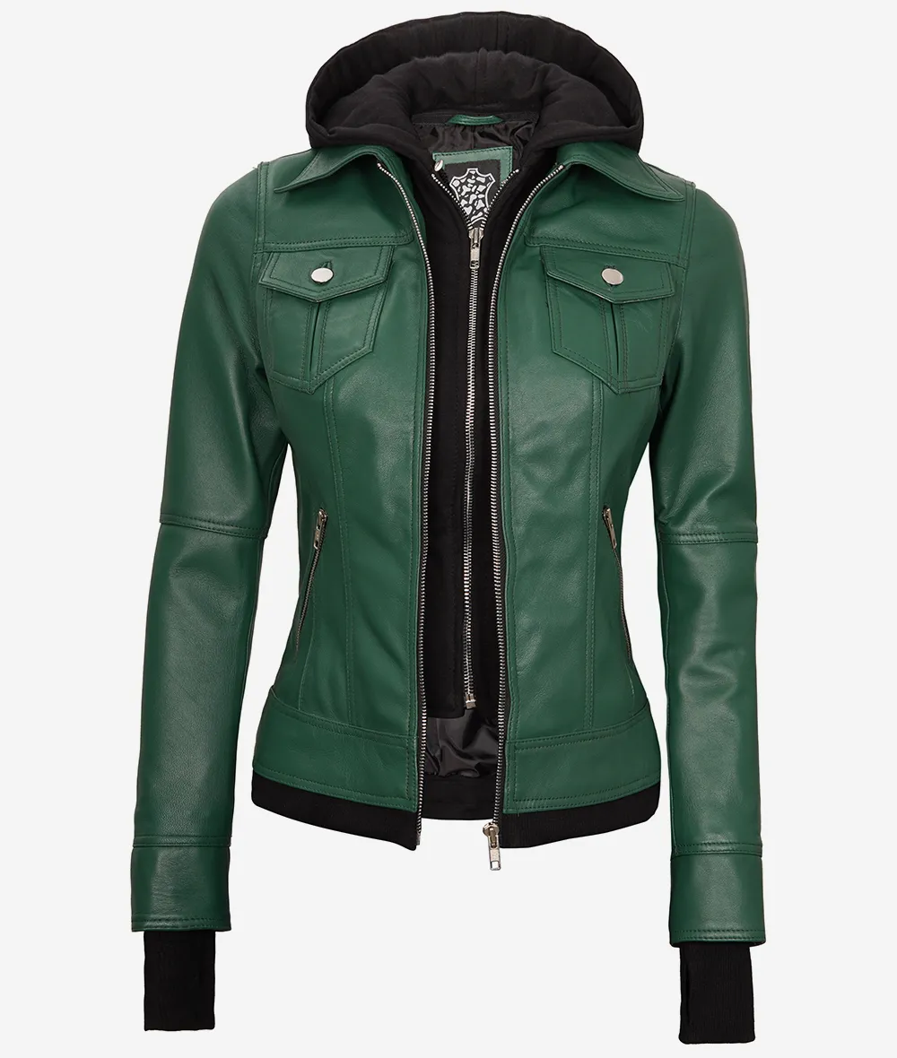 Womens Green Bomber Leather Jacket with Removable Hood