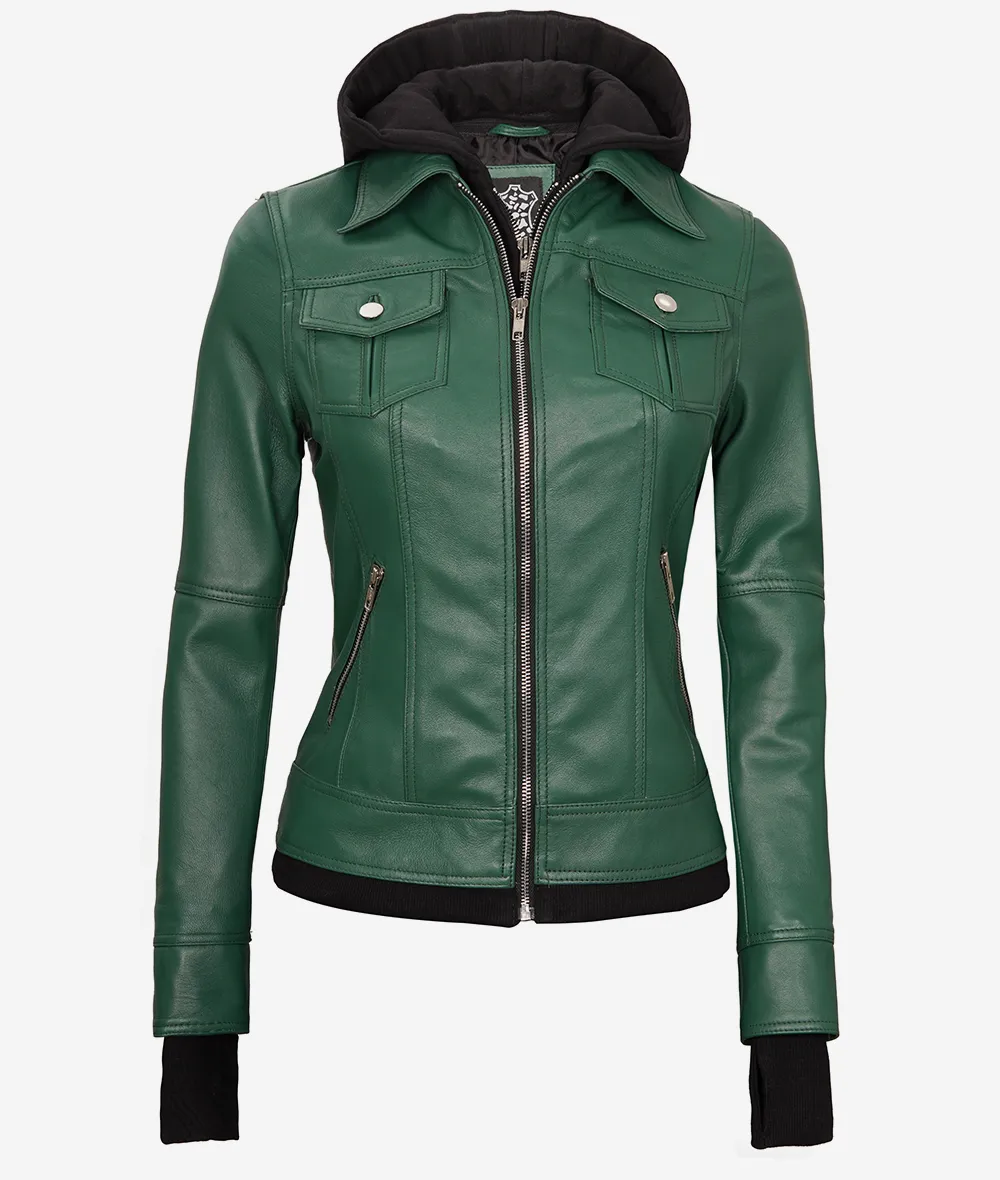 Womens Green Bomber Leather Jacket with Removable Hood