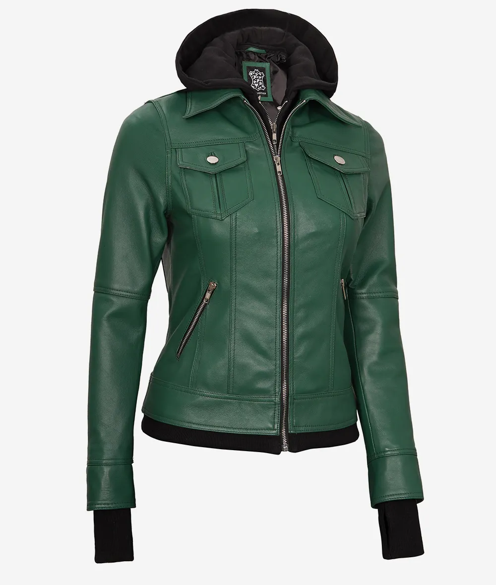 Womens Green Bomber Leather Jacket with Removable Hood