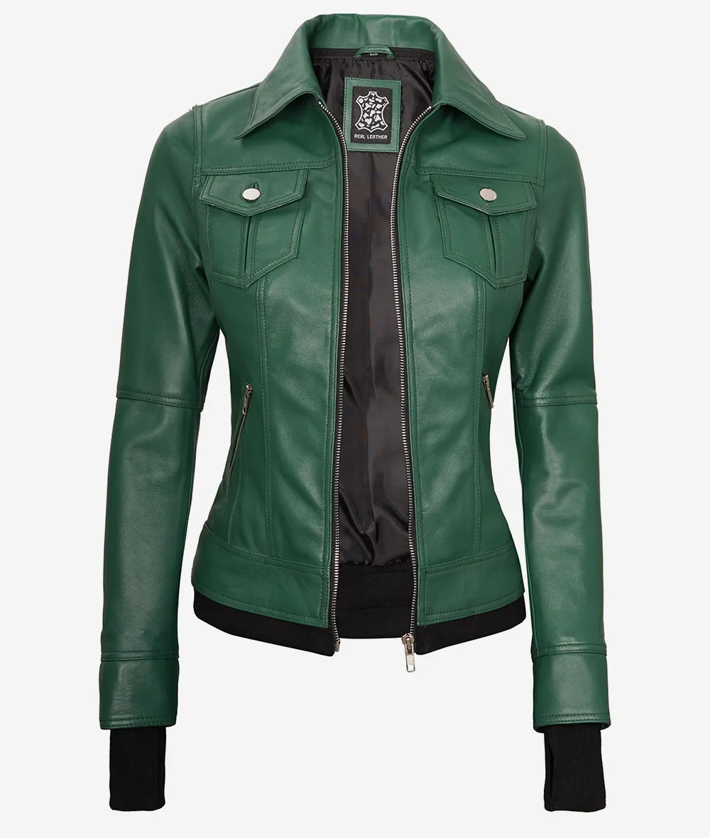 Womens Green Bomber Leather Jacket with Removable Hood