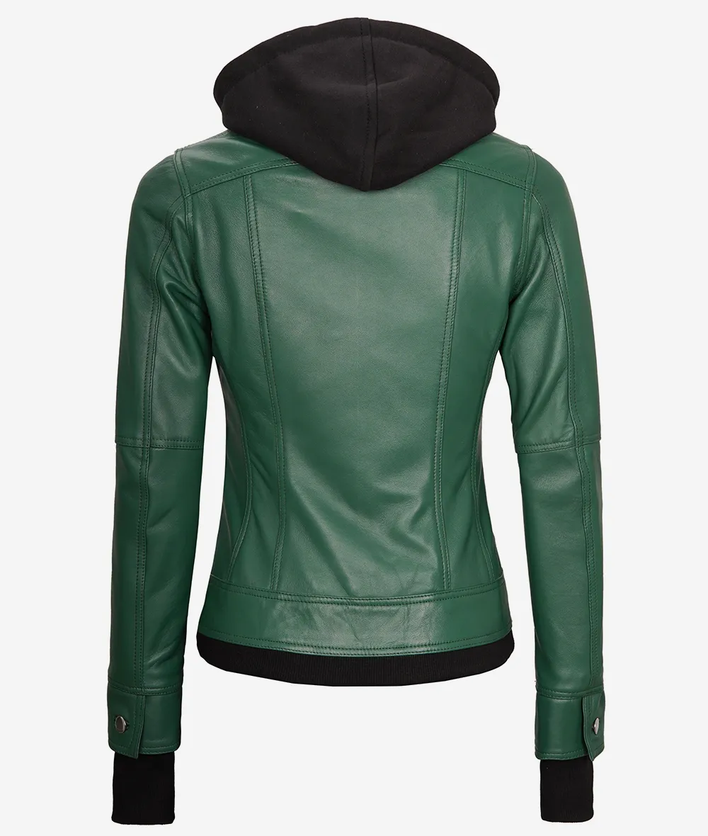 Womens Green Bomber Leather Jacket with Removable Hood