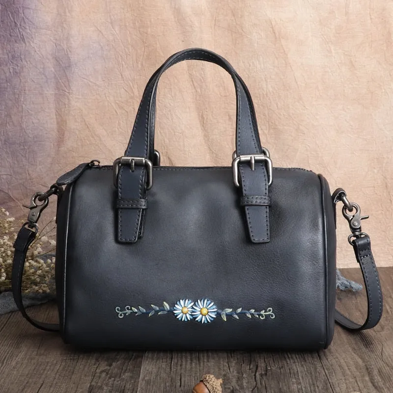 Women's Retro First Layer Cowhide Leather Floral Messenger Handbag