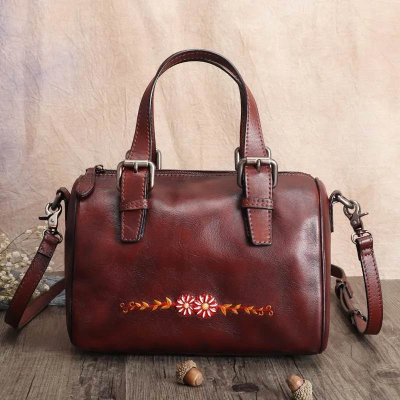 Women's Retro First Layer Cowhide Leather Floral Messenger Handbag