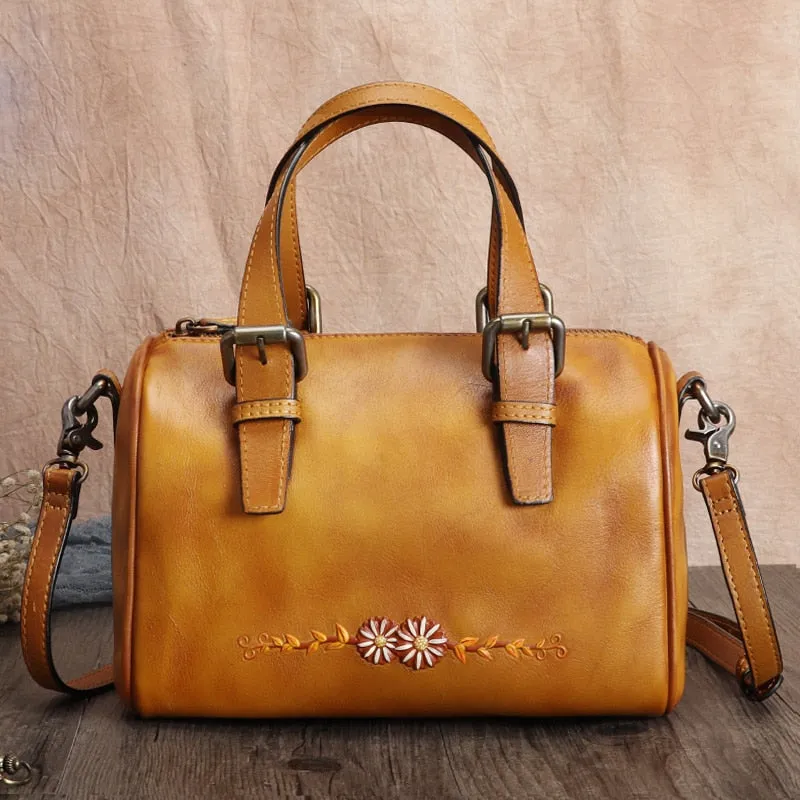 Women's Retro First Layer Cowhide Leather Floral Messenger Handbag