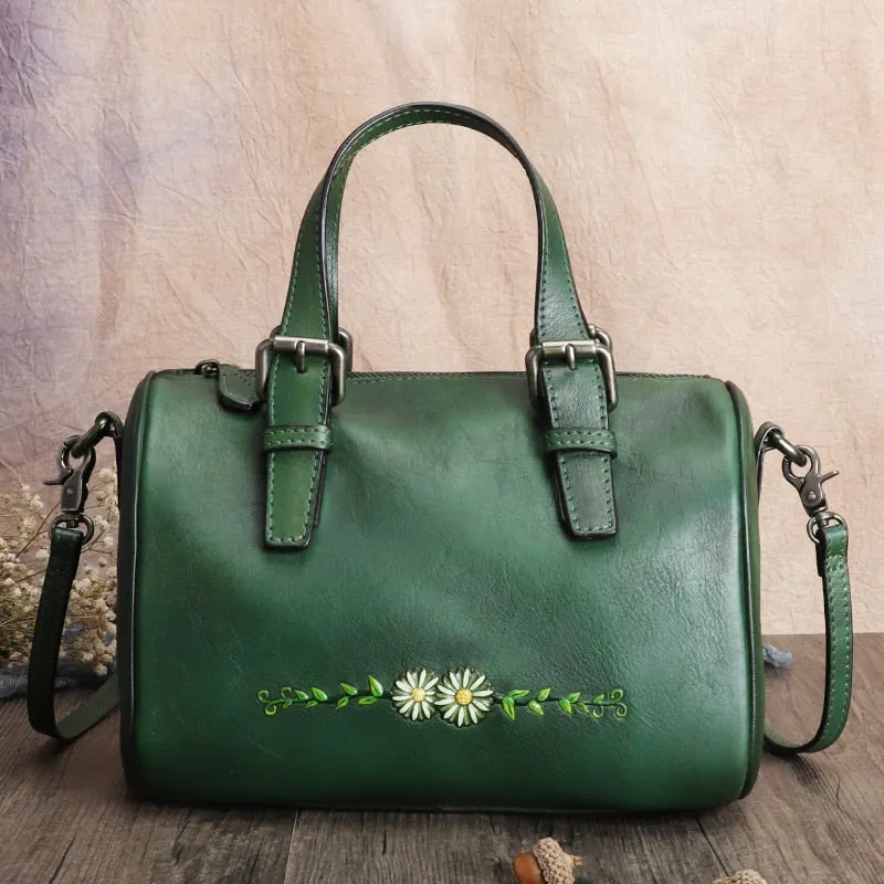 Women's Retro First Layer Cowhide Leather Floral Messenger Handbag