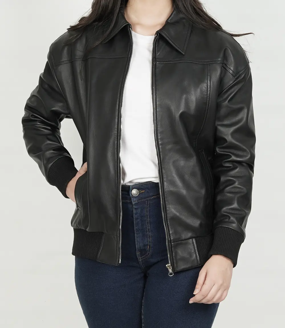 Womens Shirt Collar Black Oversized Bomber Leather Jacket