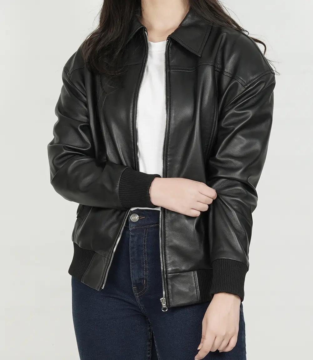 Womens Shirt Collar Black Oversized Bomber Leather Jacket