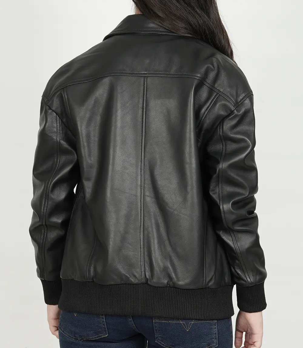 Womens Shirt Collar Black Oversized Bomber Leather Jacket