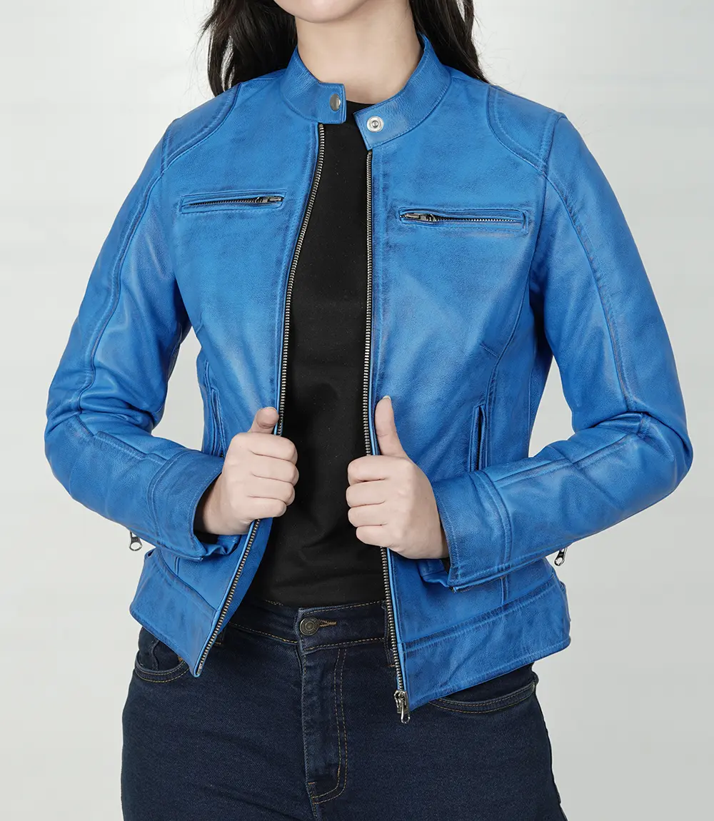 Womens Sky Blue Waxed Leather Moto Jacket